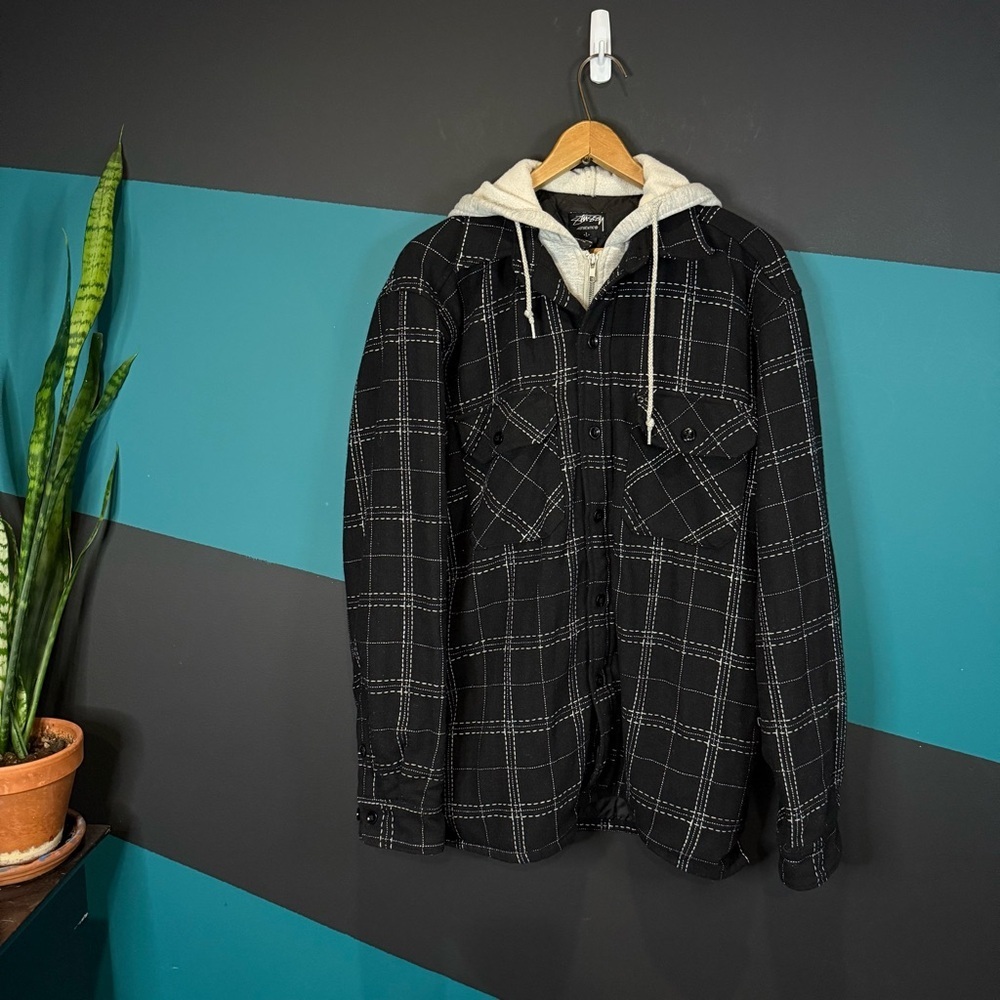 Stussy Black and White Plaid Quilted Lined Hooded Shirt Jacket Wool Cotton sz L
